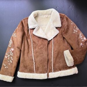 Solitaire Faux Suede/Faux Fur Moto Jacket with Floral Embroidered Sleeves - Sz L